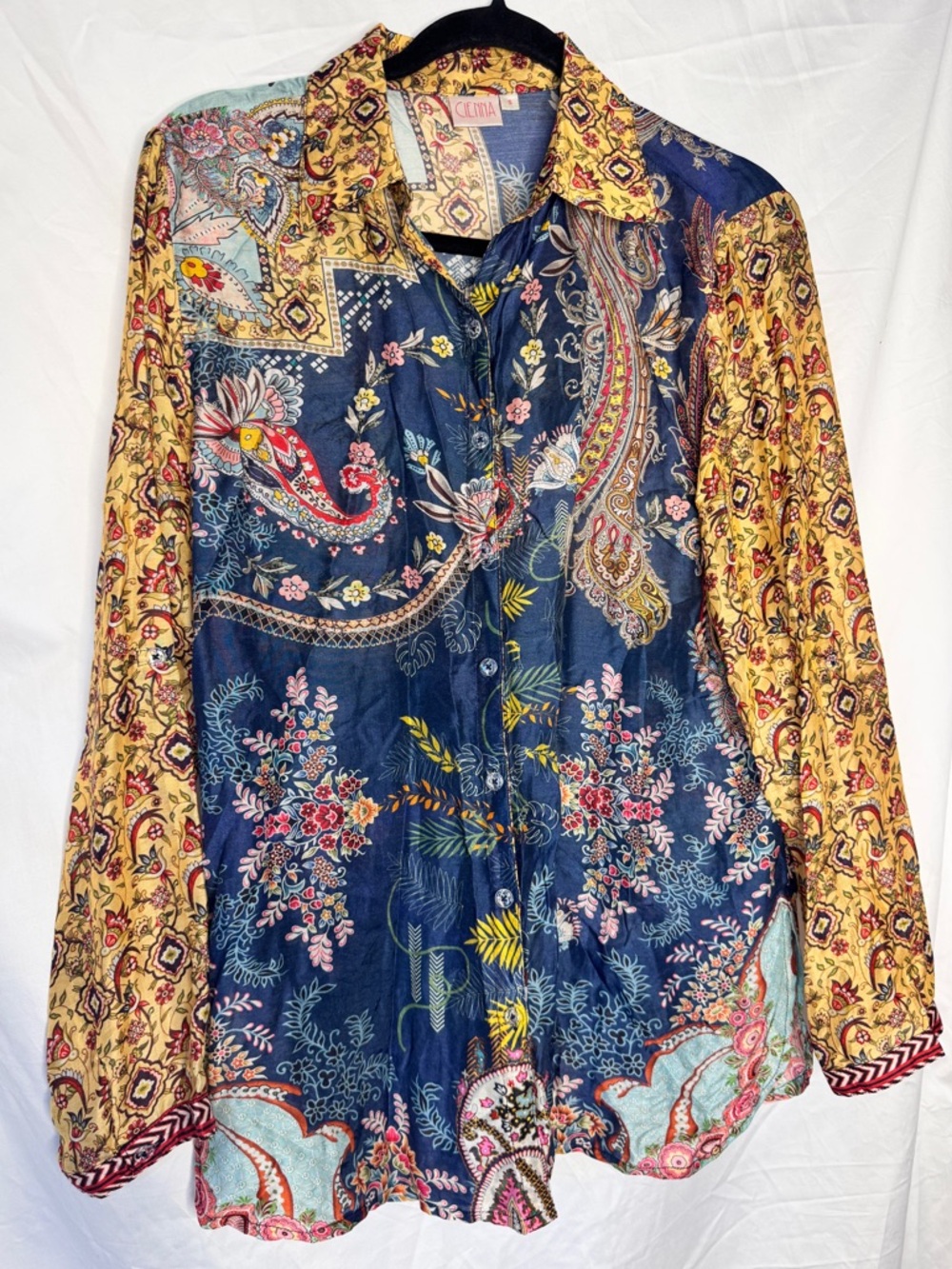 Cienna Colorful Silk Paisley Patchwork Button-Up Blouse
